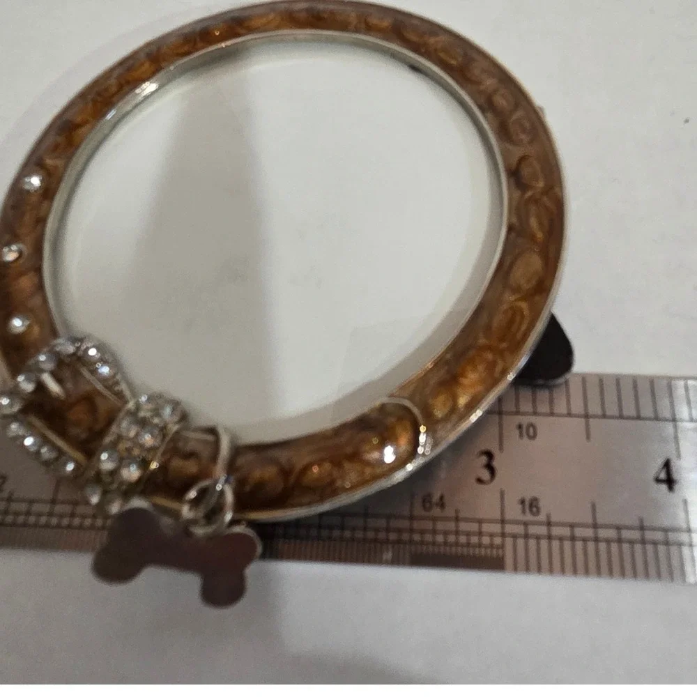 Miniature Round Dog Collar Picture Frame Brown Enamel Rhinestone Bone Charm 3in